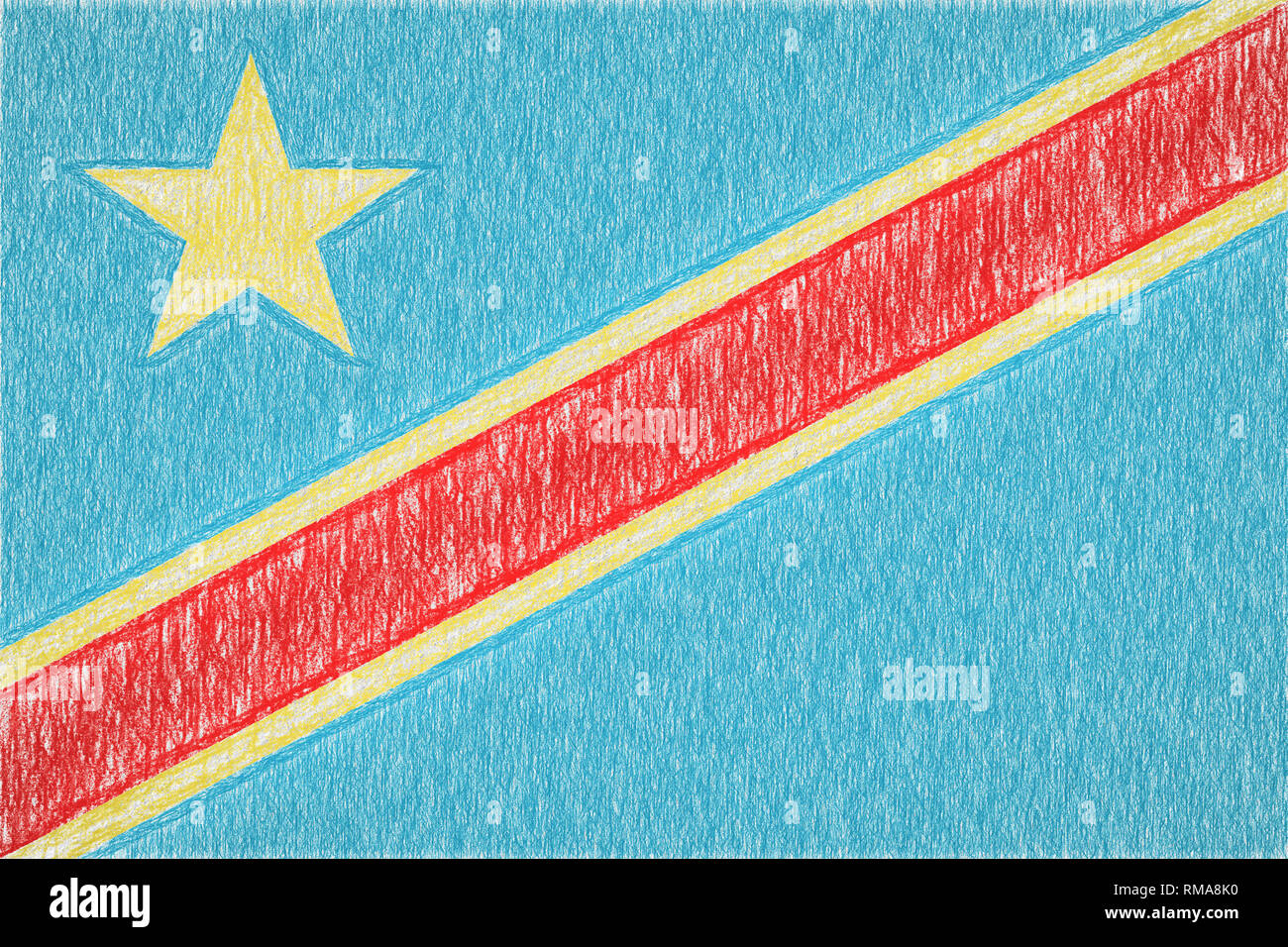 Democratic Republic of the Congo painted flag. Patriotic drawing on paper background. National flag of Democratic Republic of the Congo Stock Photo