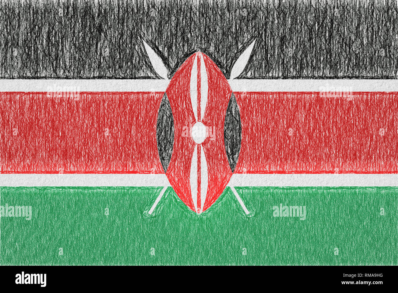Kenya painted flag. Patriotic drawing on paper background. National
