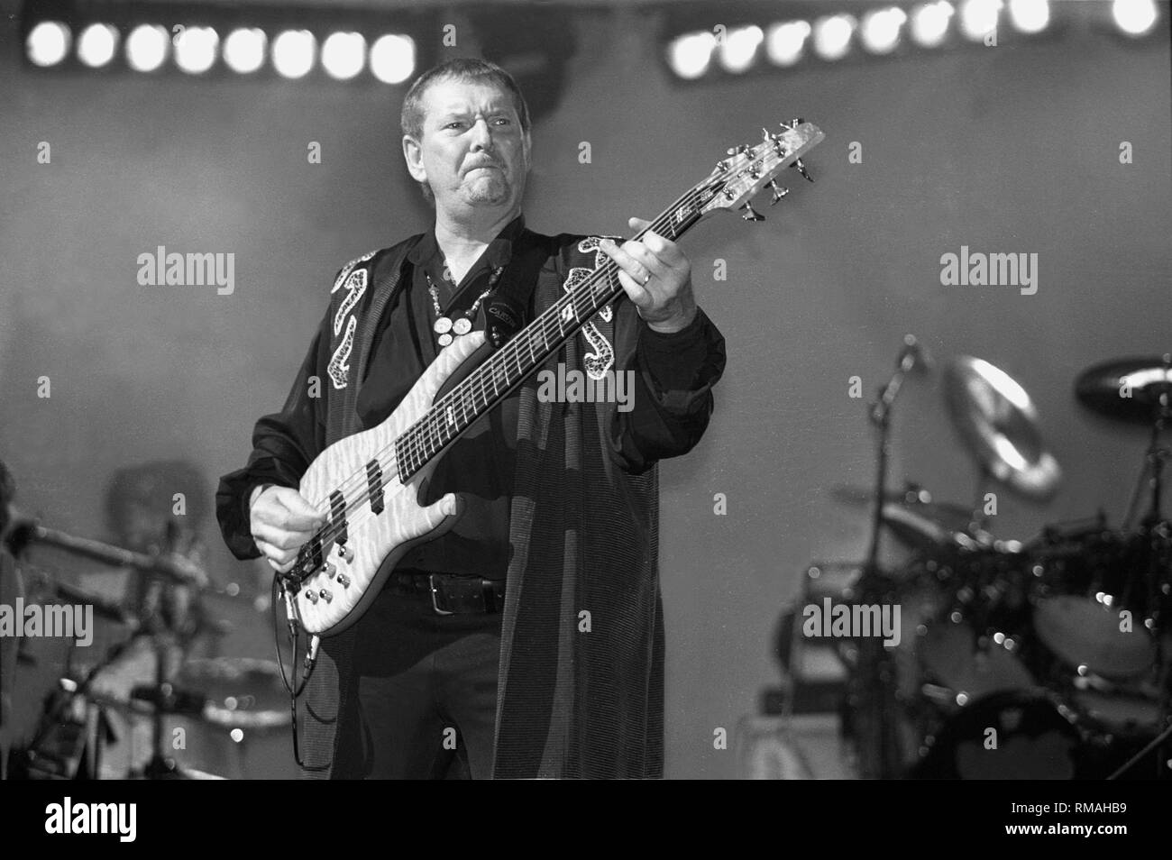 Bassist and singer Chris Squire of the progressive rock band Yes is shown performing on stage
