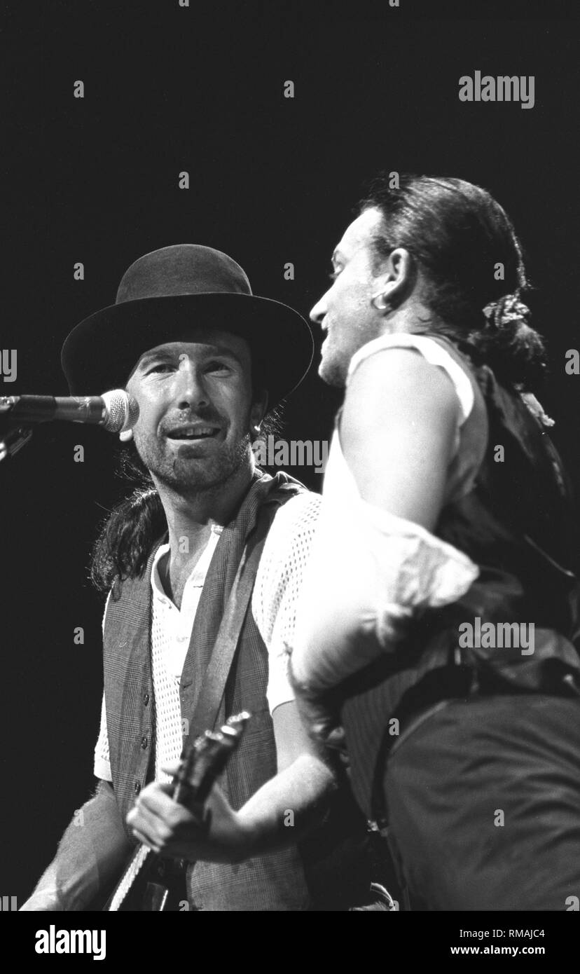 The Edge and Bono are shown performing on stage during a 'live' concert appearance with U2. Stock Photo