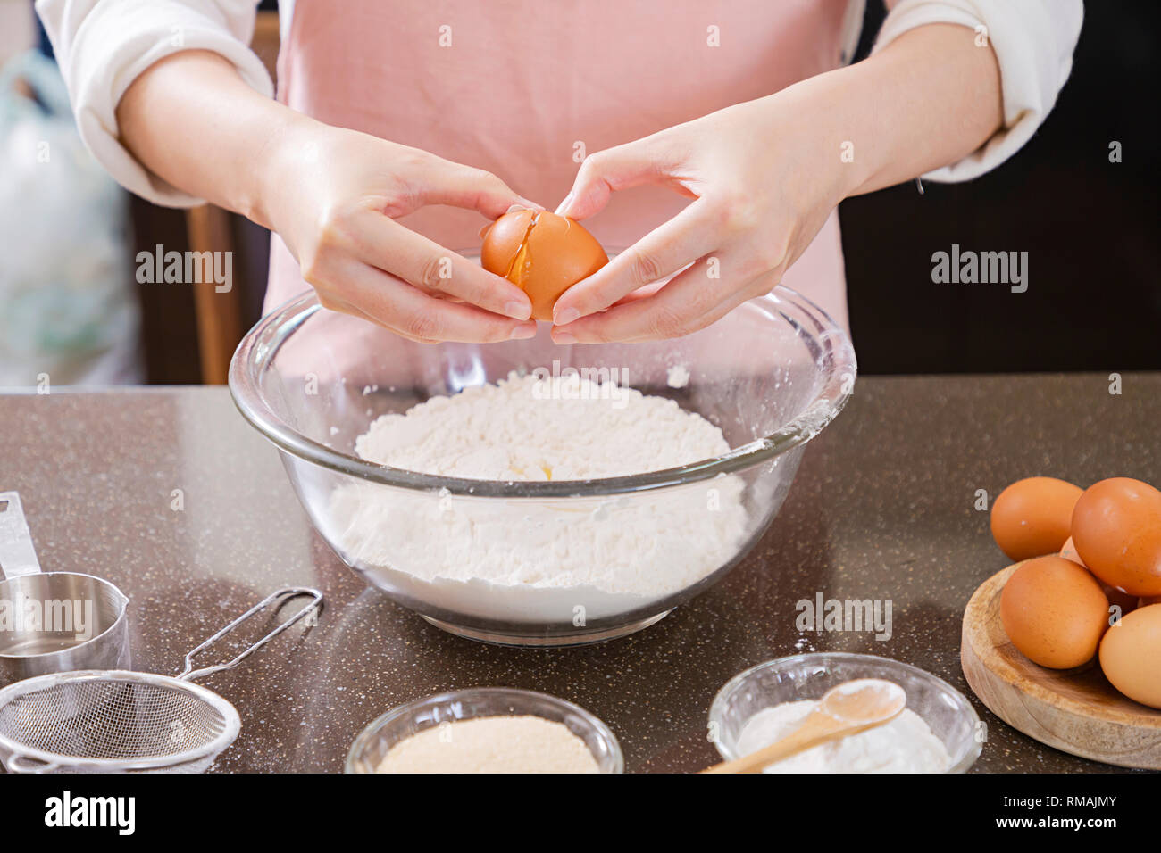 Homemade pastry for Bakery concept, baking in the kitchen and ingredients for baking- eggs,flour,sugar,butter and milk. 094 Stock Photo