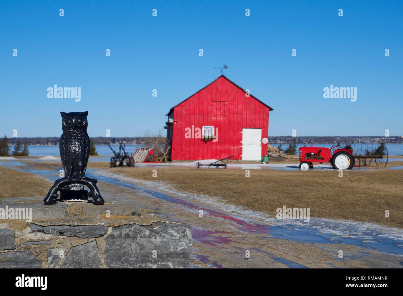 An owl statue in front of a red house in the owl capitial Amherst Island, Ontario Stock Photo