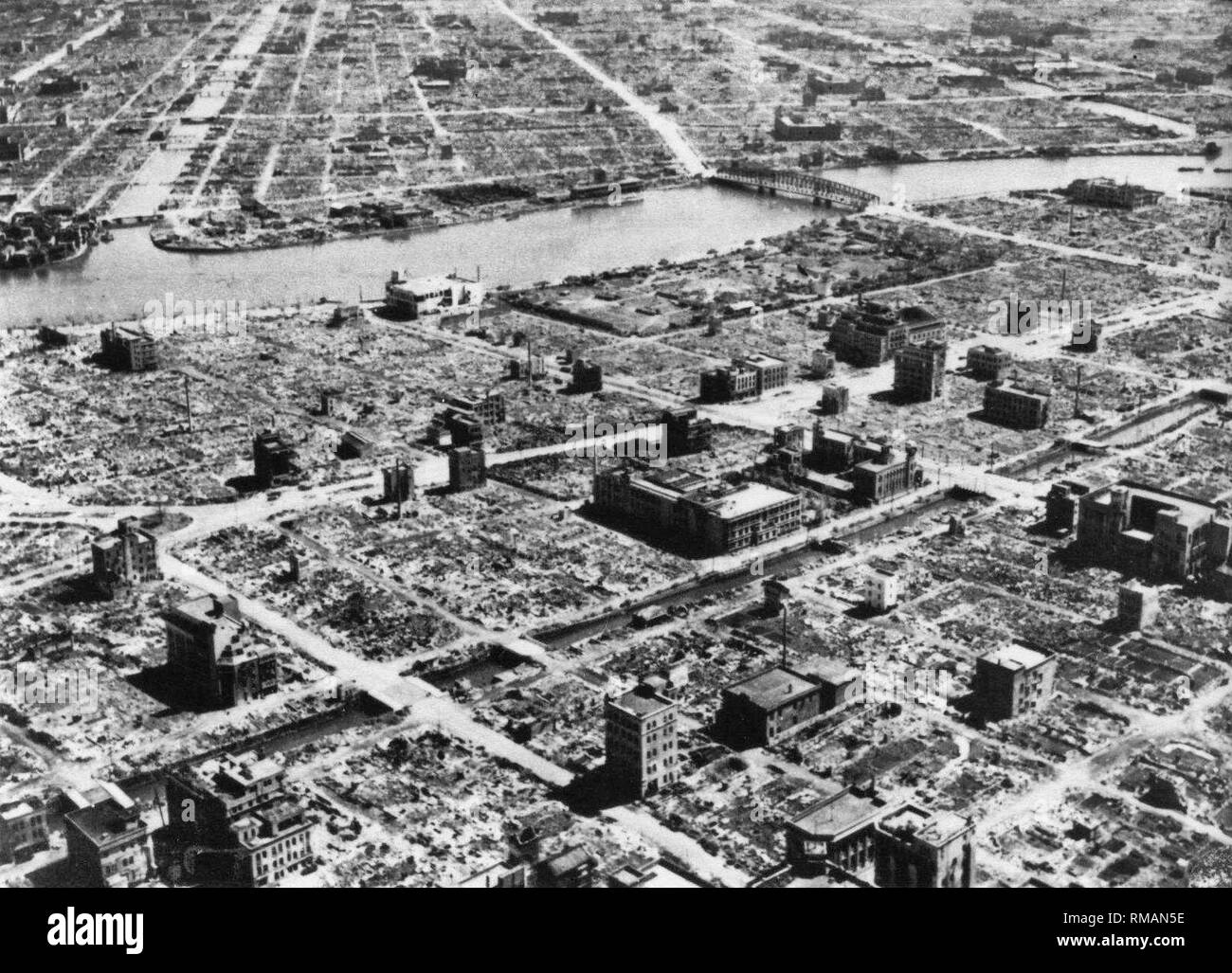 This Tokyo residential section was virtually destroyed during March 1945 fire bombing Stock Photo