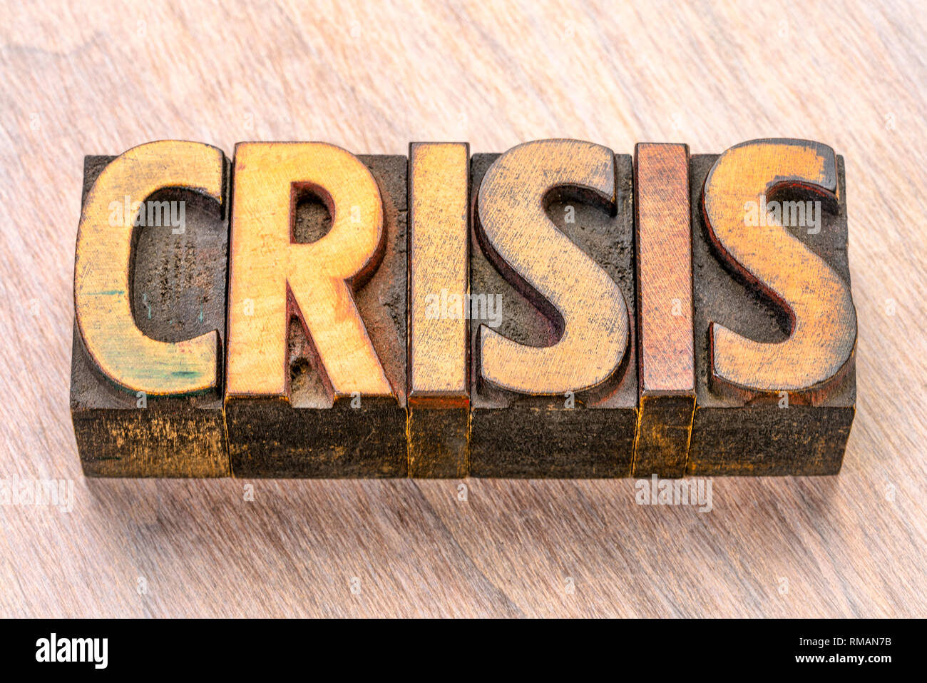 crisis word abstract in vintage letterpress wood type printing blocks Stock Photo