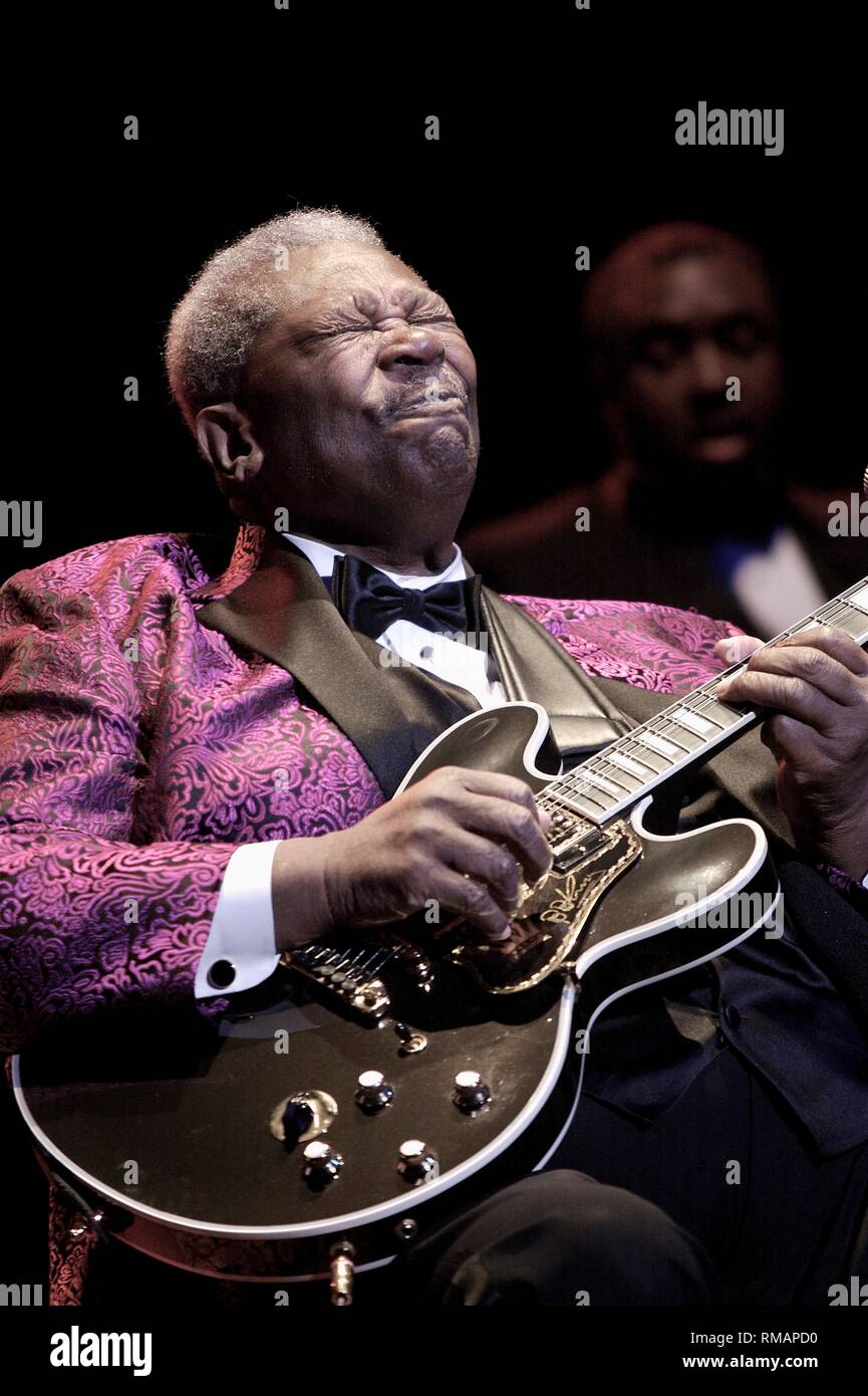 Blues guitarist, singer and songwriter B. B. King, born Riley B. King, is shown performing on stage during a 'live' concert appearance Stock Photo