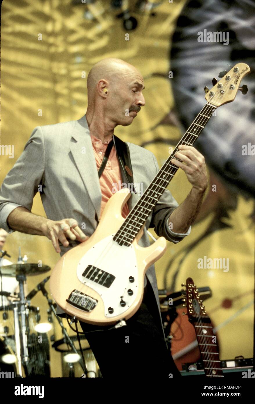 Drummer Bill Bruford of the progressive rock band King Crimson is shown performing on stage