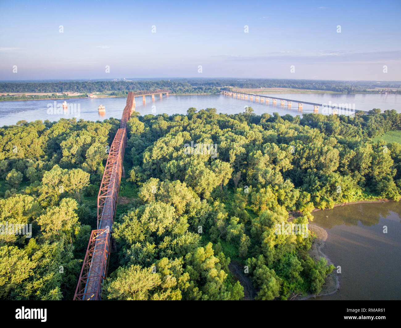 The old and new Chain of Rocks Bridge over the Mississippi River near