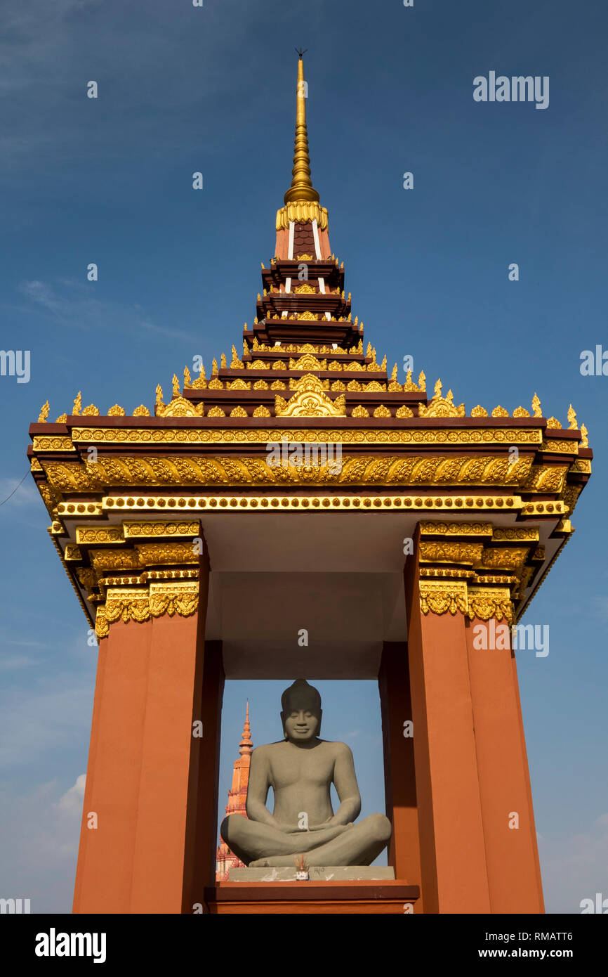 Cambodia, Kampot Province, Kep, Buddha figure in traditional Khmer style pagoda with tiered pointed roof Stock Photo
