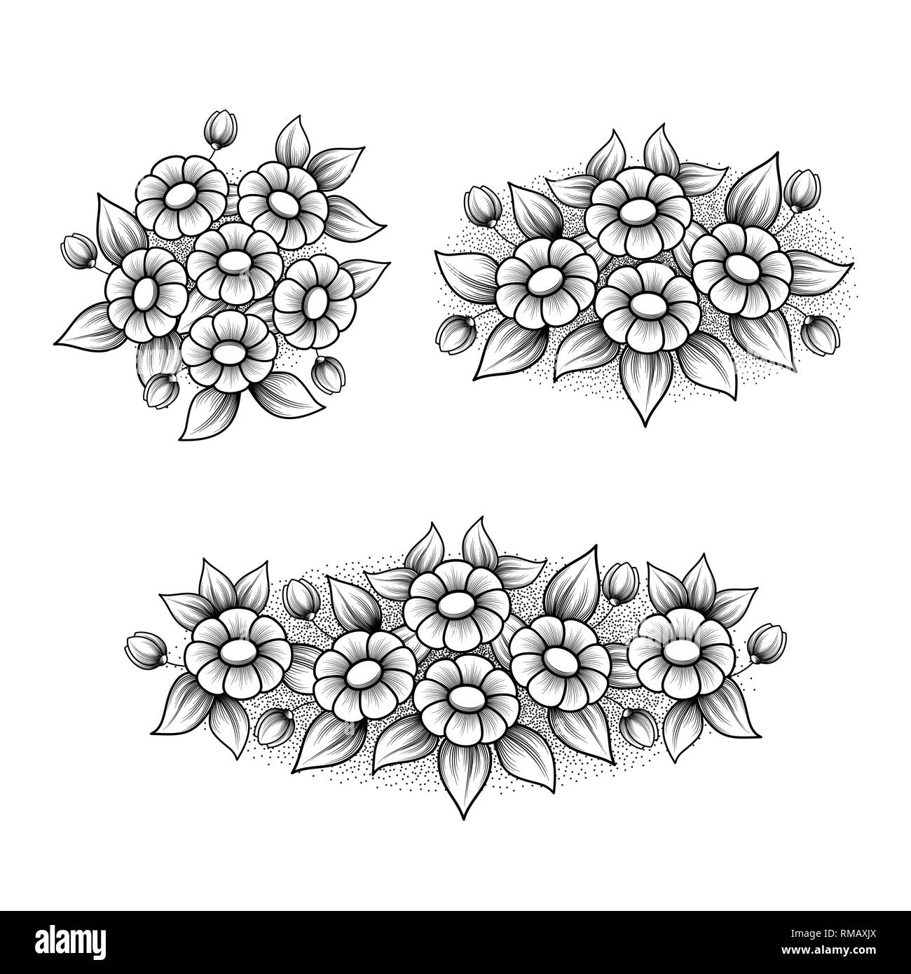 Set of three outline black and white floral patterns isolated on white background Stock Vector