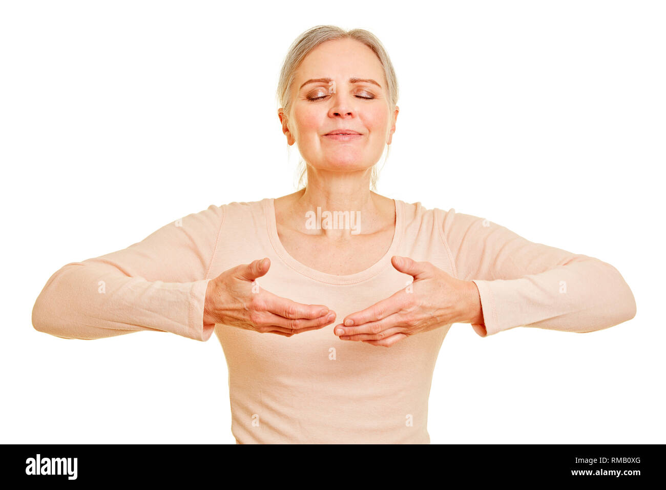 Woman breathing exercise inhale hi-res stock photography and