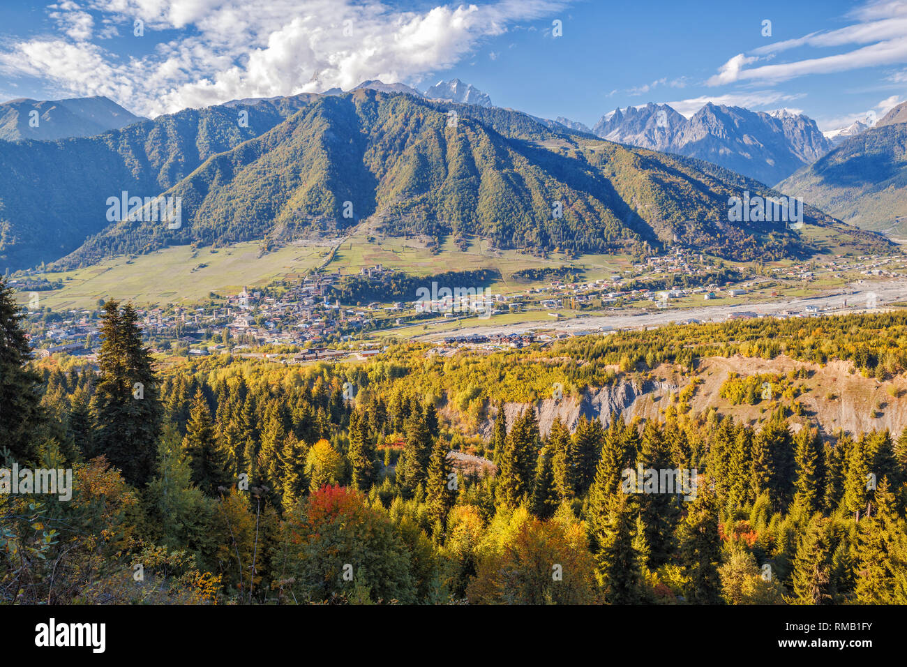 Scenic Caucasian autumn landscape, aerial view of the town of Mestia in a mountain valley, Upper Svaneti, Georgia Stock Photo