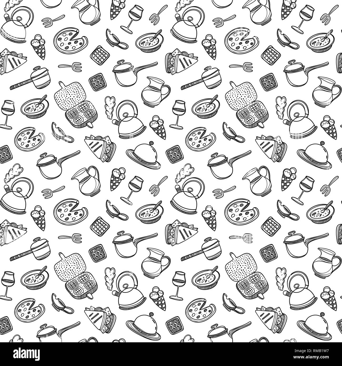 Cartoon cute food and kitchenware on white background. Seamless pattern. Linear coloring illustration. For zentangle book. Breakfast time Stock Vector