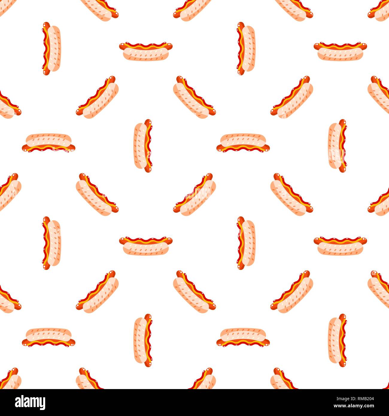 Cartoon cute Hotdogs on white background. Seamless pattern. Flat vector illustration. Stock Vector