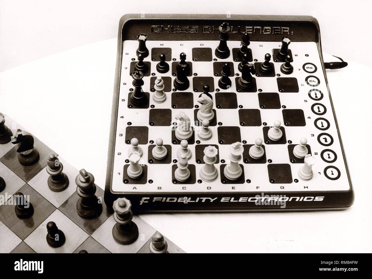Chess game with the computer 'Chess Challenger', 1981. Stock Photo