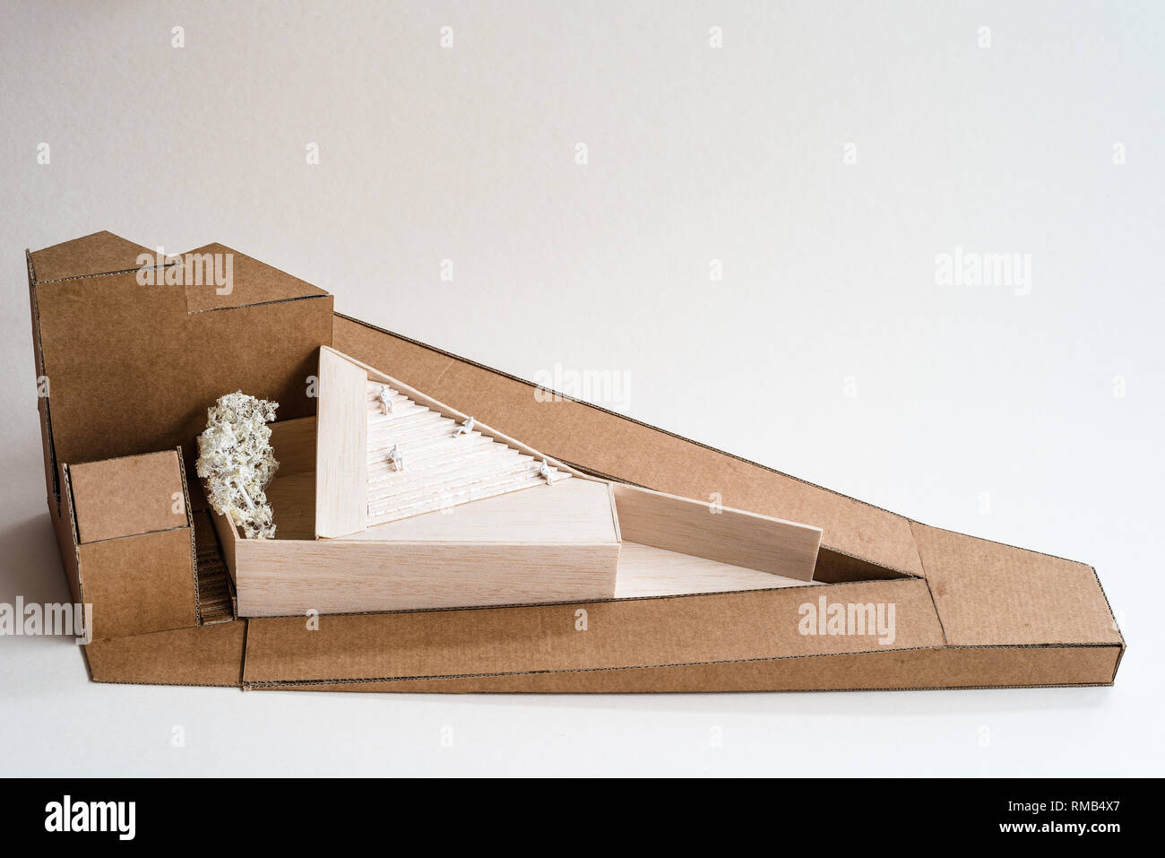 Modern architecture model made with wood and cardboard on white ...