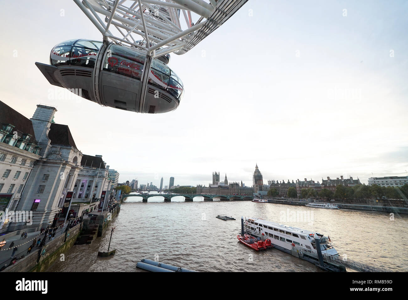 A view of the Coco Cola London Eye wheel passenger compartment in London, United Kingdom.  It is Europe's tallest cantilevered observation wheel. Stock Photo