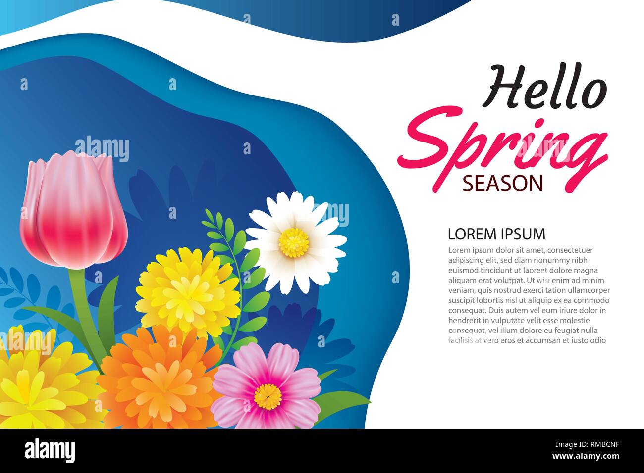 Hello spring greeting card and invitation with blooming flowers ...