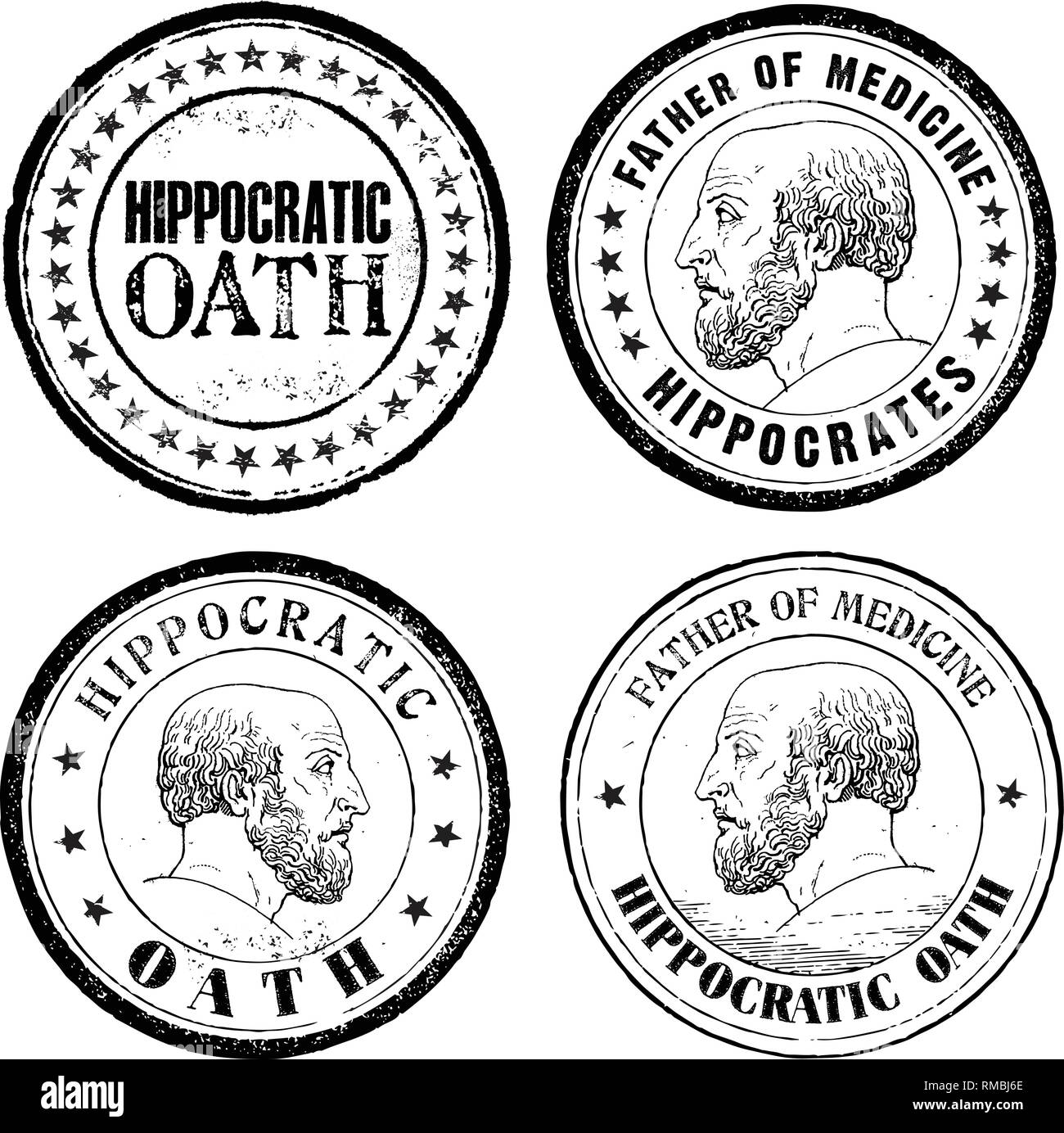 Hippocrates and Hippocratic oath stamp set ink art illustration. Stock Vector