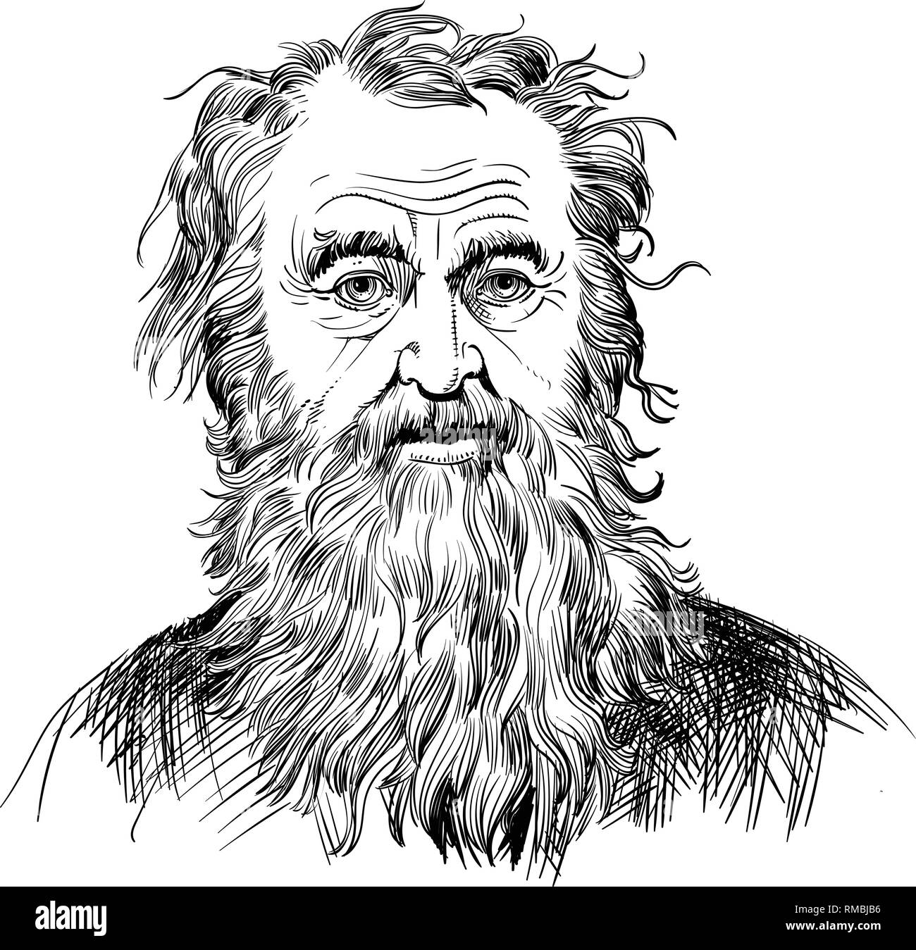 Diogenes the Cynic portrait in line art illustration. He was ancient Greek philosopher, one of the founders of the Cynic philosophy. Stock Vector