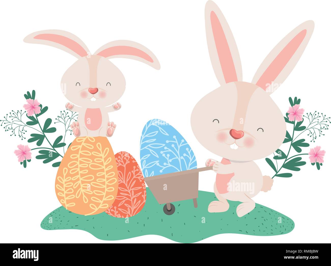 rabbits with wheelbarrow and easter eggs icon Stock Vector Image & Art ...