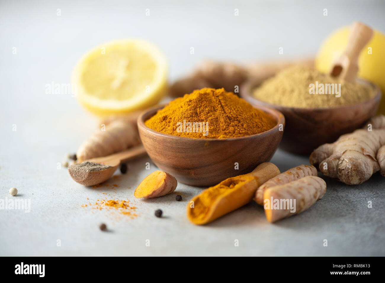 Ingredients for hot ayurvedic drink. Turmeric powder, curcuma root