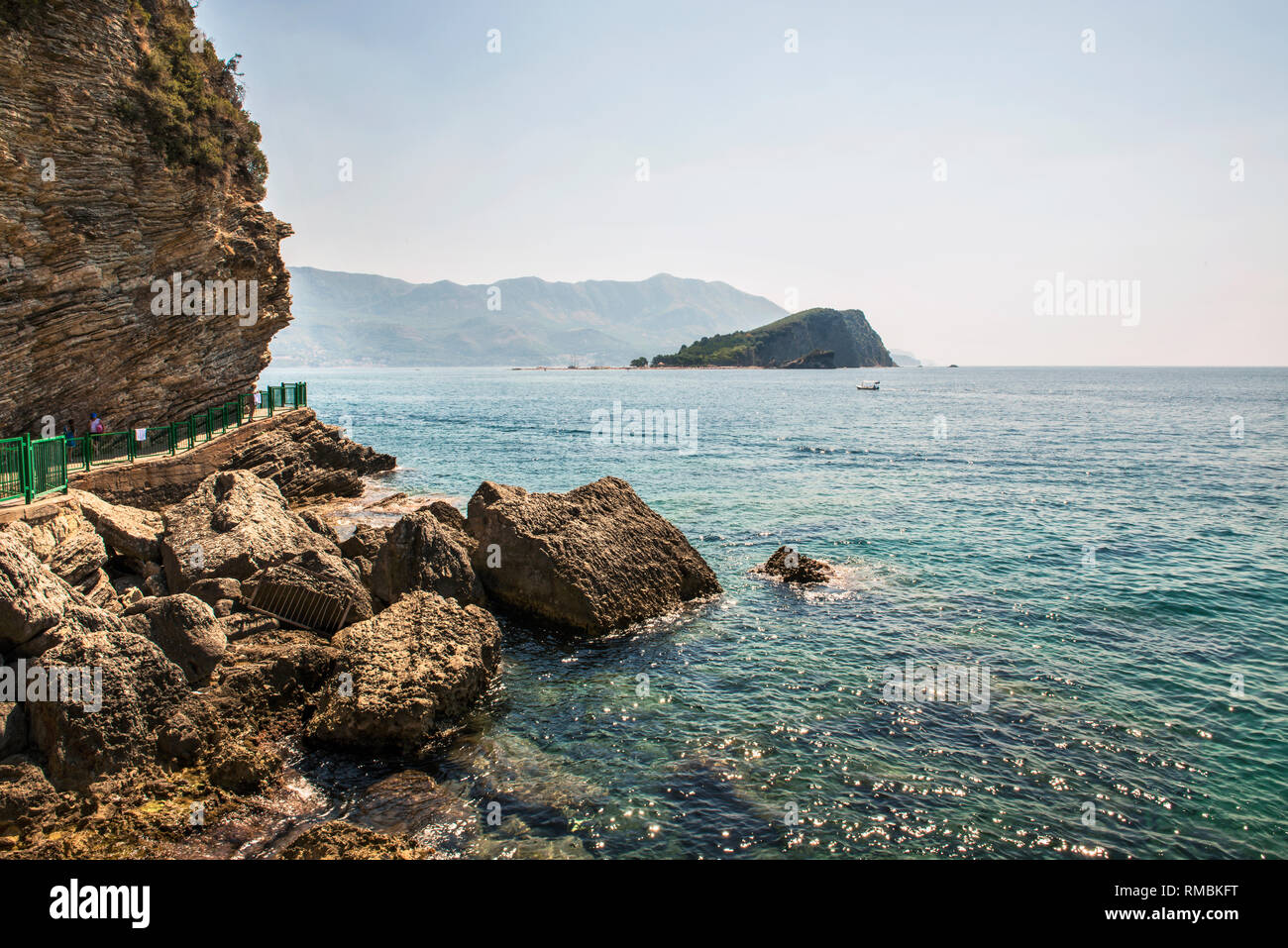 View of the island of St. Nicholas in the Gulf of the Adriatic Sea near the town of Budva, the famous tourist resort of Montenegro. Stock Photo
