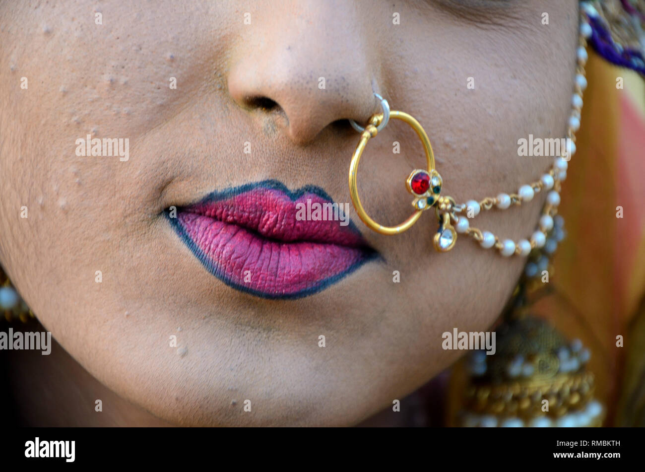 Woman lipstick and nose ring, Jaisalmer, Rajasthan, India, Asia Stock
