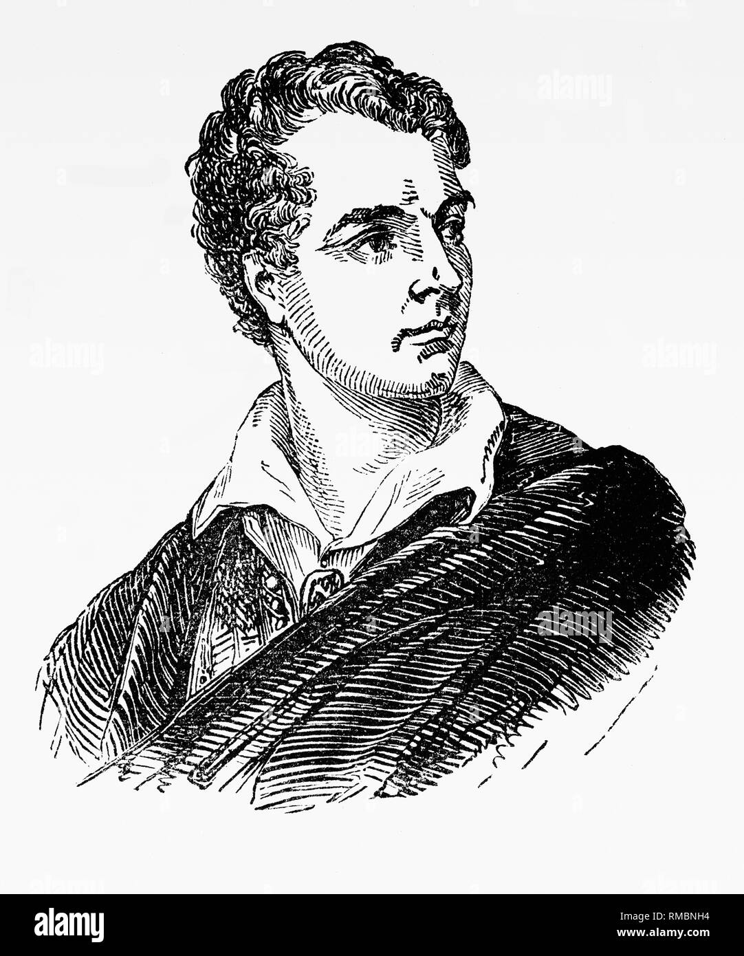 Lord Byron (1788-1824), was a British poet, peer, politician, and leading figure in the Romantic movement. Regarded as one of the greatest British poet, he travelled extensively across Europe, especially in Italy, where he lived for seven years frequently visiting his friend and fellow poet Percy Bysshe Shelley. He died in 1824 at the age of 36 from a fever contracted in Missolonghi during Greek War of Independence. Byron is considered to be the first modern-style celebrity, the personification of the Byronic hero that his wife Annabella called 'Byromania'. Stock Photo
