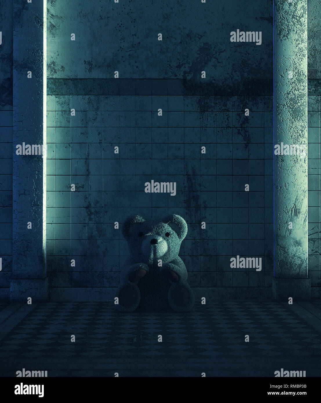 Teddy bear sitting in haunted house,Scary background for book cover