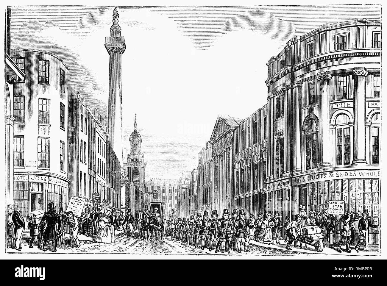 Members of the 19th century London Fire Brigade march on Old Fish Street Hill below the Monument to the Great Fire, a Doric column in London, United Kingdom, situated near the northern end of London Bridge. Commemorating the Great Fire of London, it stands at the junction of Monument Street and Fish Street Hill, 202 feet just west of the spot in Pudding Lane where the Great Fire started on 2 September 1666. Constructed between 1671 and 1677, it was built on the site of St. Margaret's, Fish Street, the first church to be destroyed by the Great Fire. Stock Photo