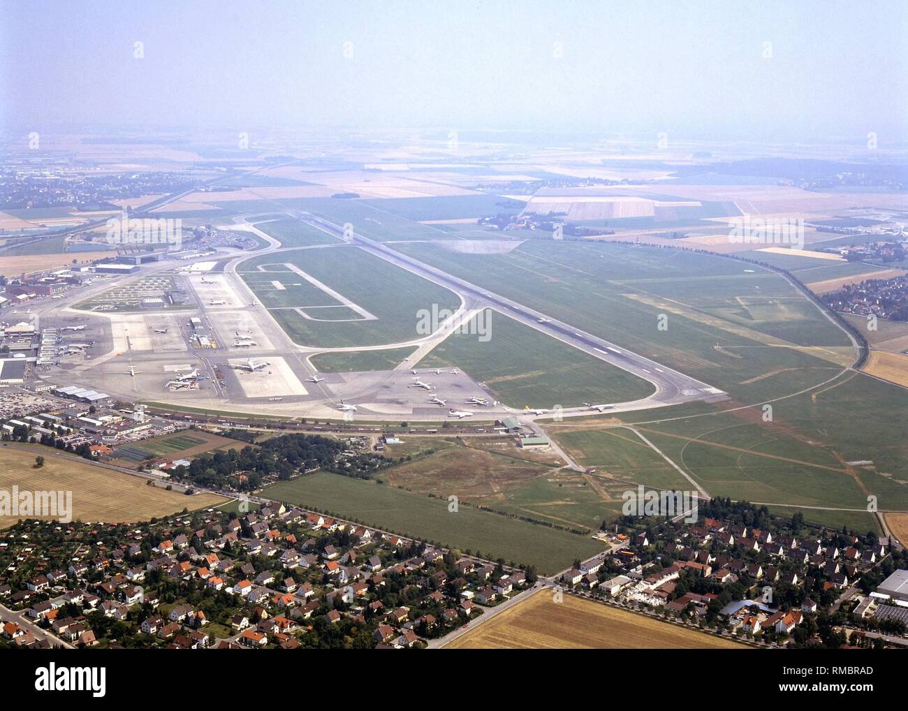 The Munich Riem Airport as view to the east. Following the relocation of  the flight operations to Erding, on this site were built the Neue Messe,  Messestadt Riem and BUGA Stock Photo -