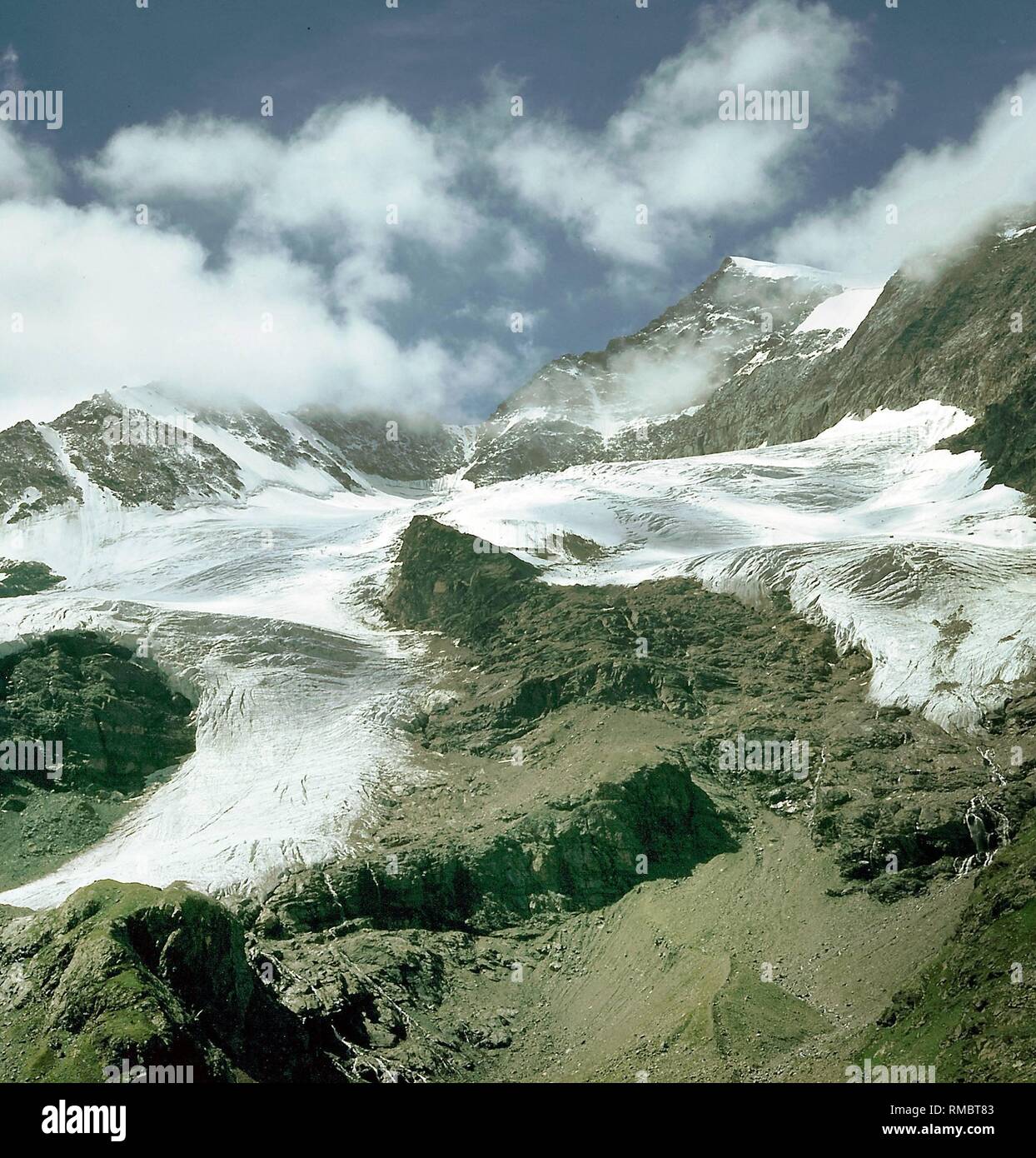 The Piz Palue glacier on the Bernina Pass in the Poschiavo Valley in Graubuenden. Stock Photo