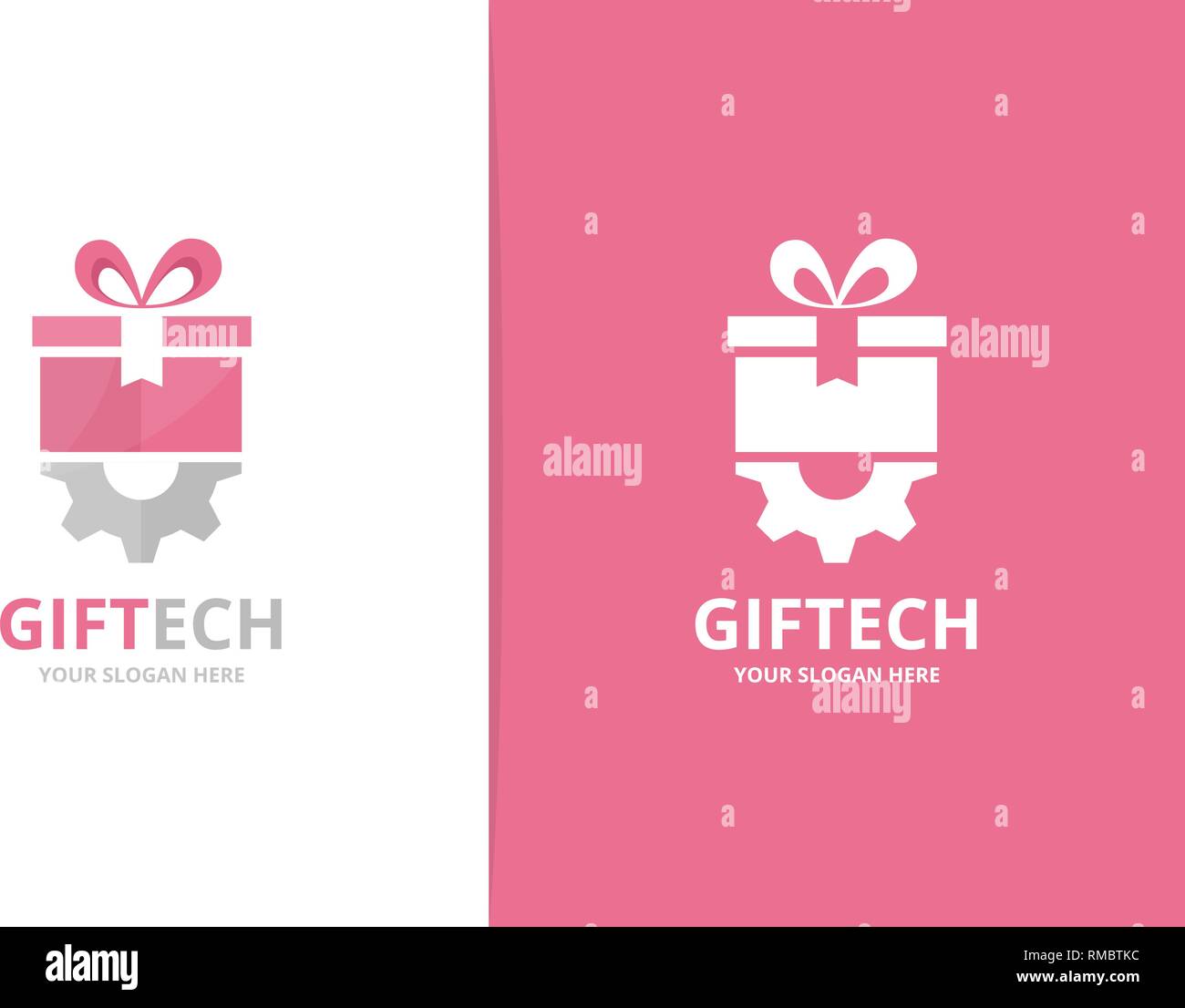 Vector gift and gear logo combination. Unique surprise and industrial logotype design template. Stock Vector
