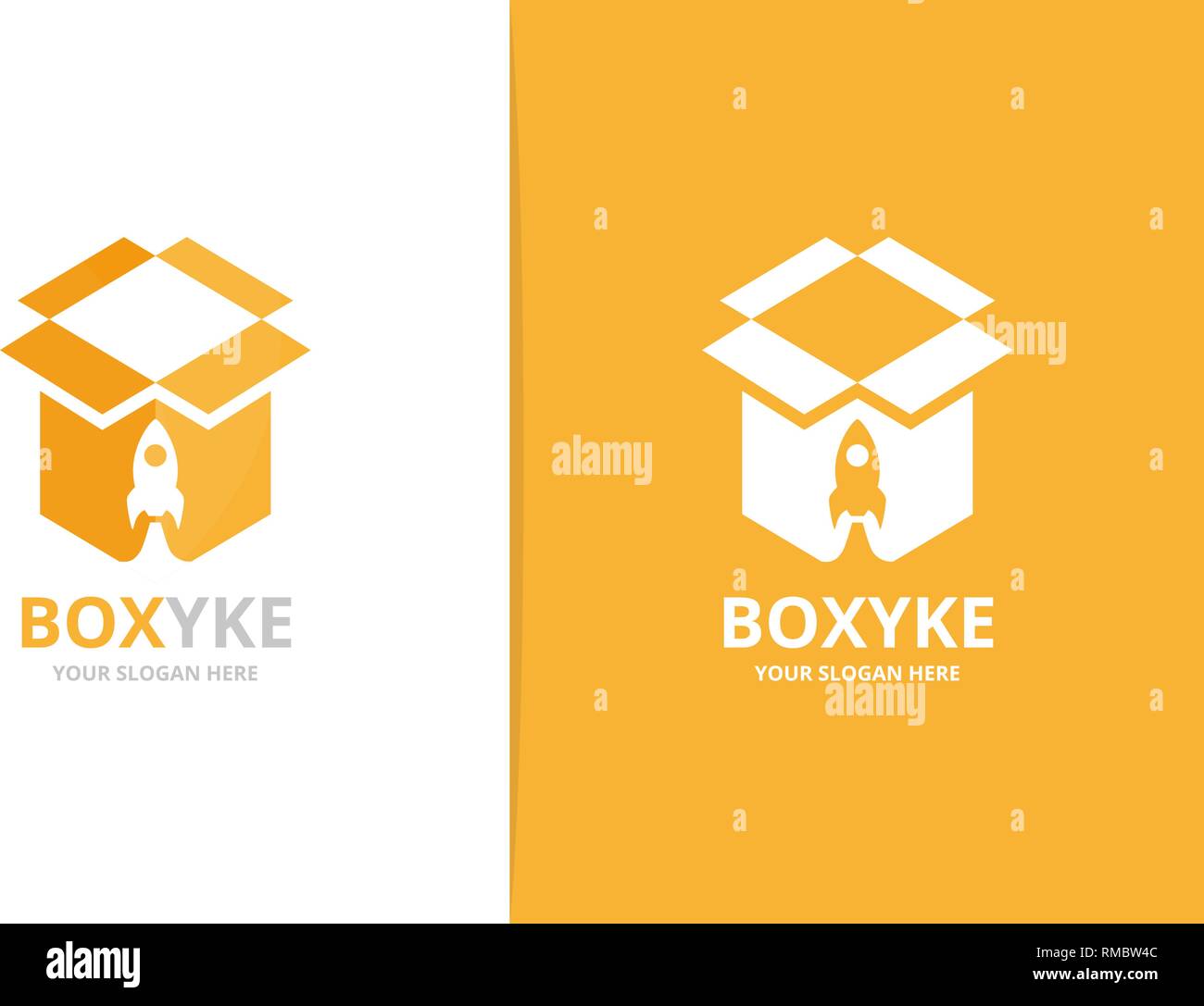 Vector box and rocket logo combination. Unique delivery and flight logotype design template. Stock Vector