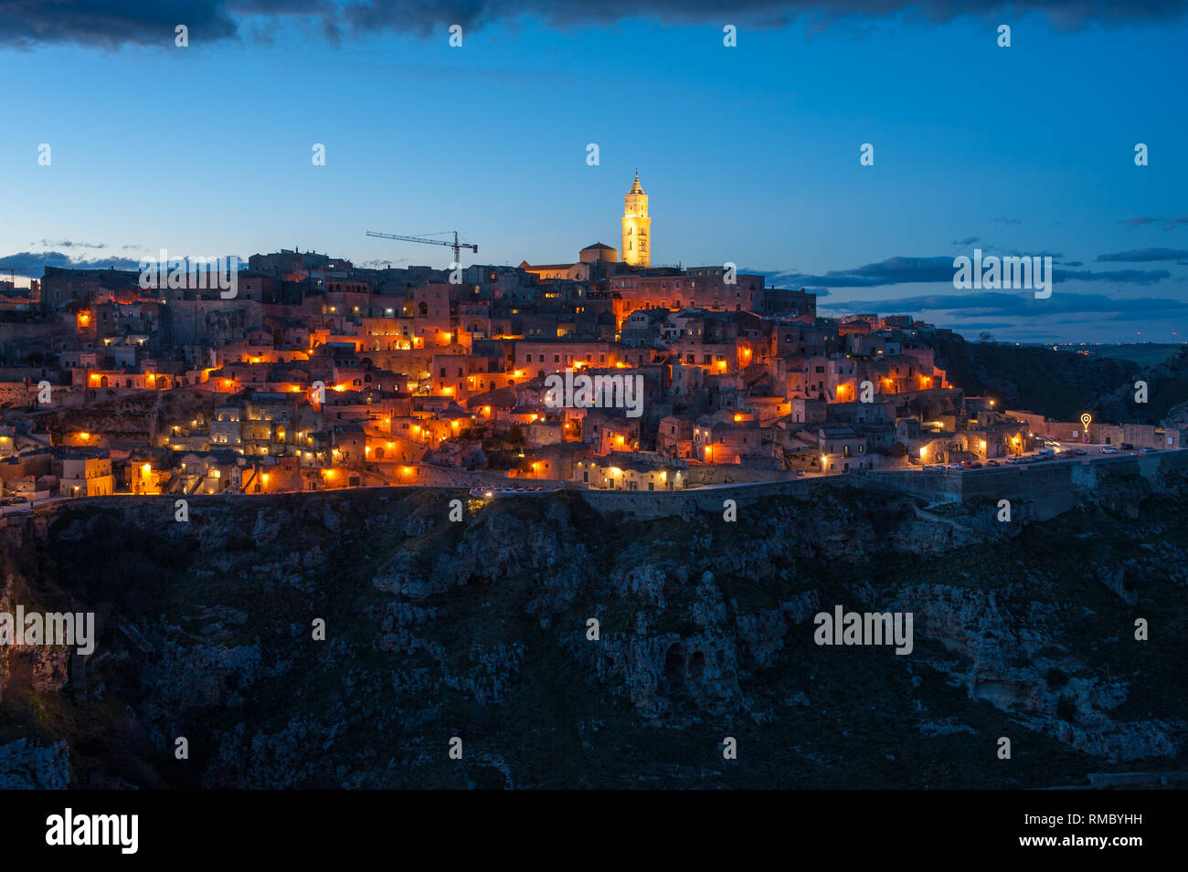 Night View of Matera from Murgia Timone side Stock Photo