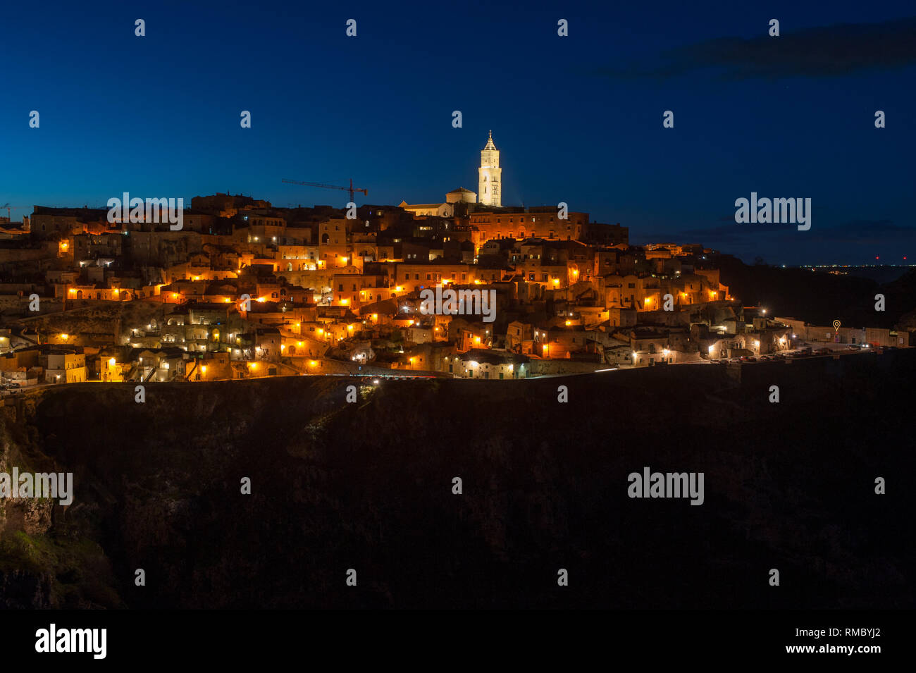 Night View of Matera from Murgia Timone side Stock Photo