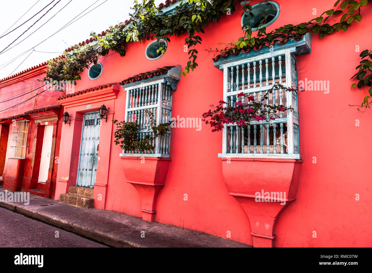 Colourful house on Calle del Santisimo, Barrio San Diego, Cartagena de Indias, Colombia. Stock Photo