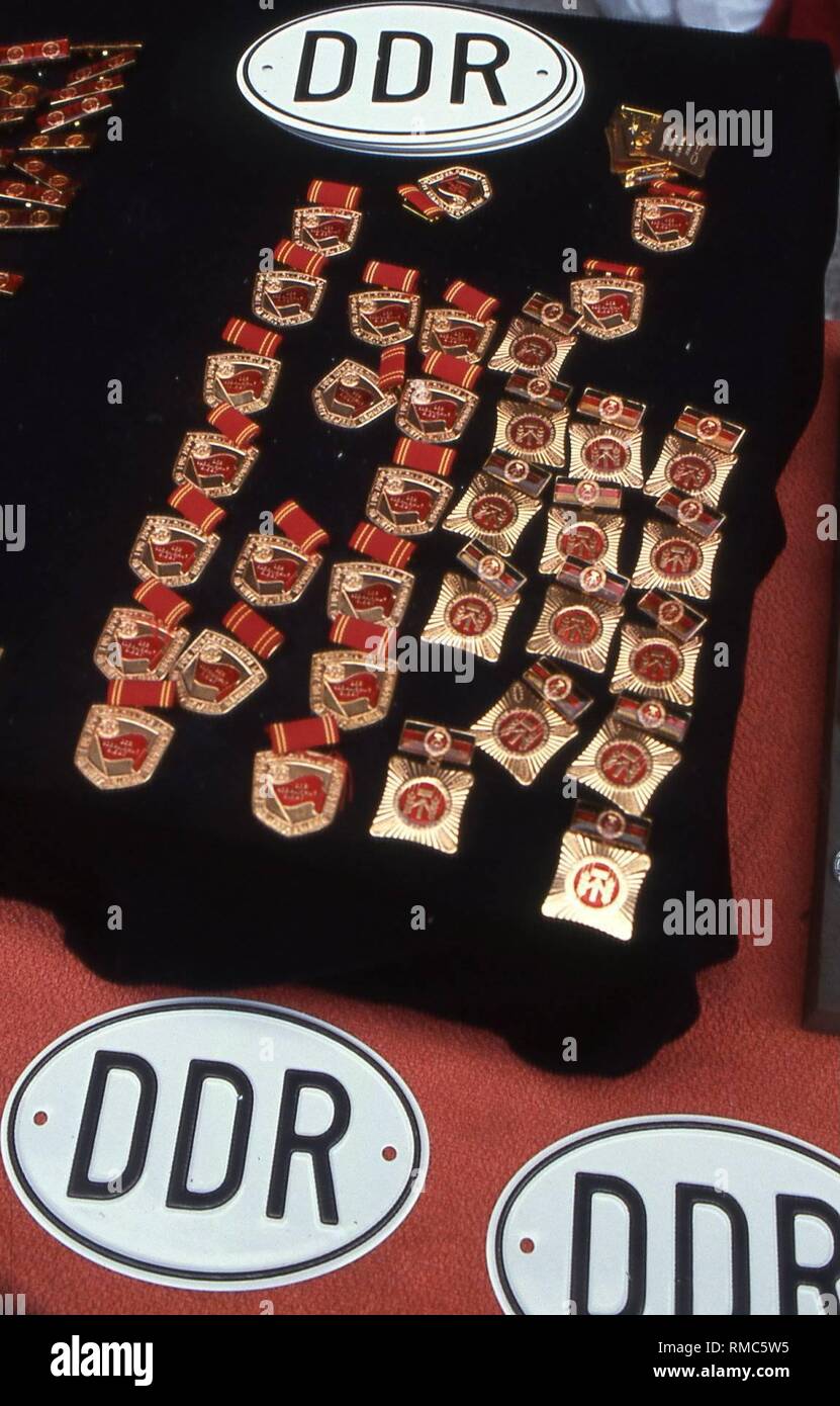 Sale of medals, signs and other memorabilia from the GDR. Stock Photo