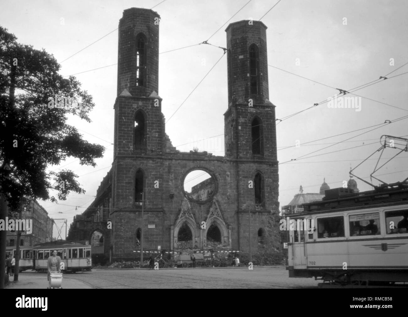 Ruin of the destroyed Sophienkirche by a bombing raid on 13 February,1945 at Postplatz in Dresden, demolished in 1962 by order of SED Leader, Walter Ulbricht. Photo from May 1, 1977 Stock Photo