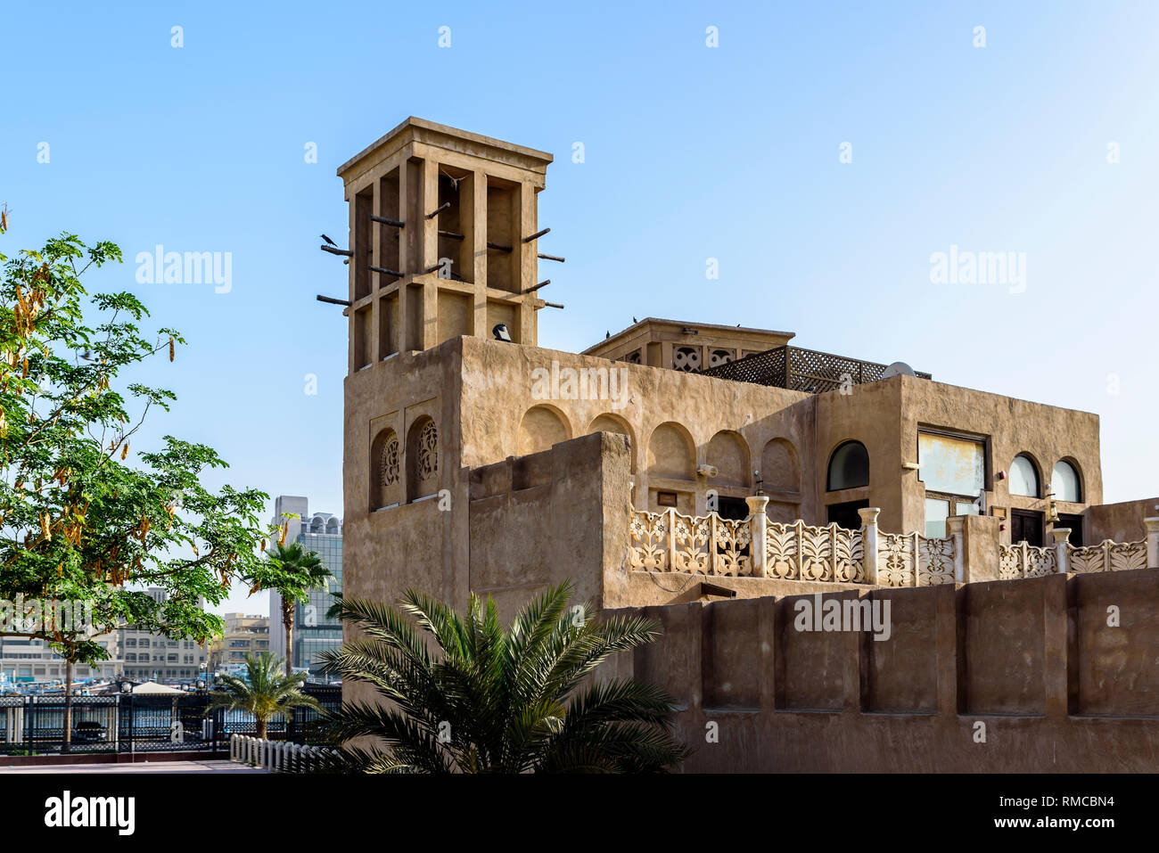 Old buildings in the Bastakia quarter, Dubai. The buildings are recreations of the old structures around Dubai Creek, and feature wind towers Stock Photo