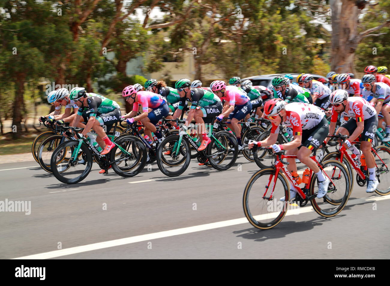 The Bicycle race Tour Down Under passes through Victor Harbor, South Australia Stock Photo