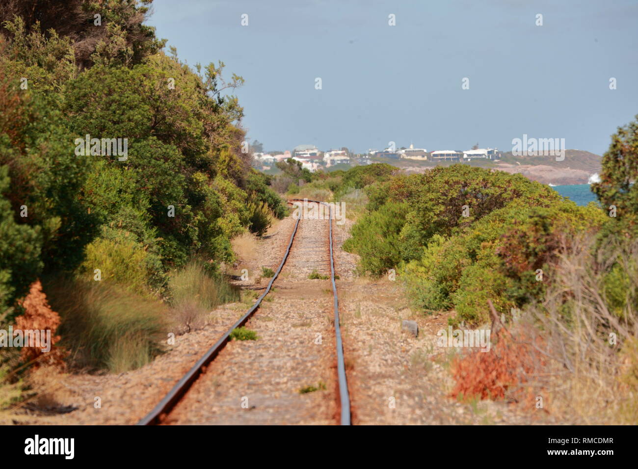 Empty rail track near the beach at Victor Harbor, South Australia Stock Photo