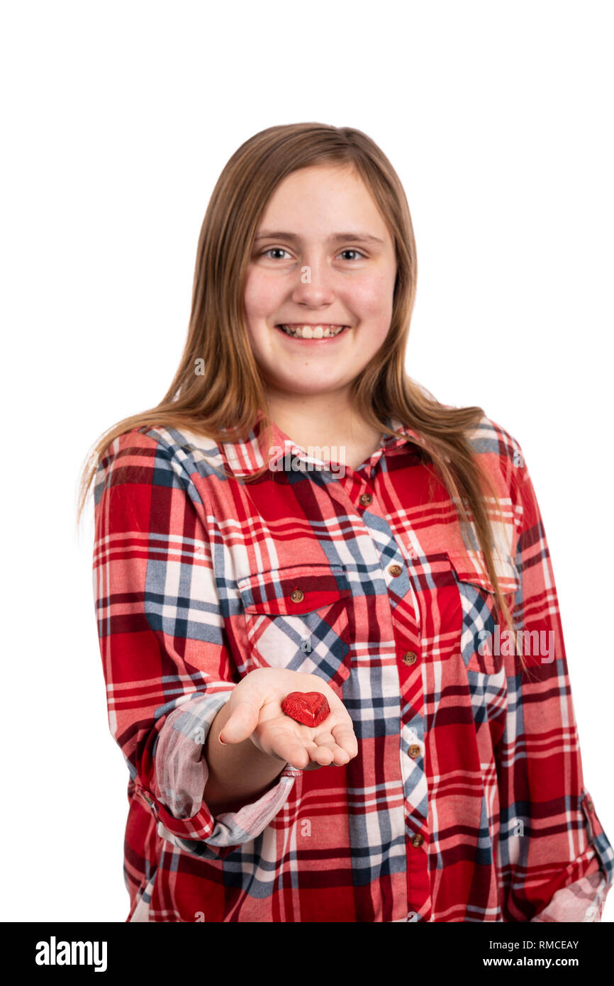 Girl With Chocolate Heart In Her Hand Stock Photo