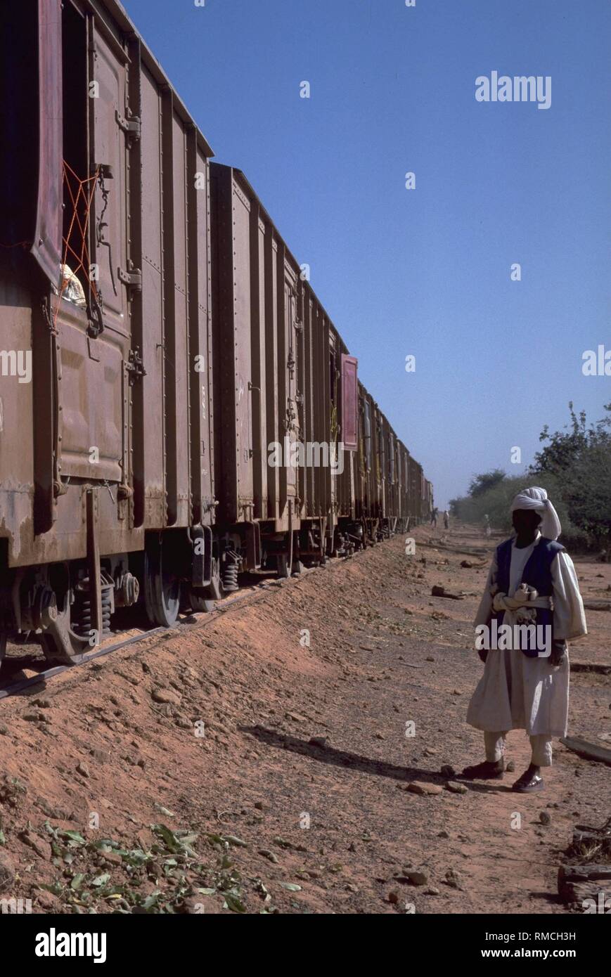 Cattle transport by rail: A freight train with sheep on the route between Nyala and Kosti. Stock Photo