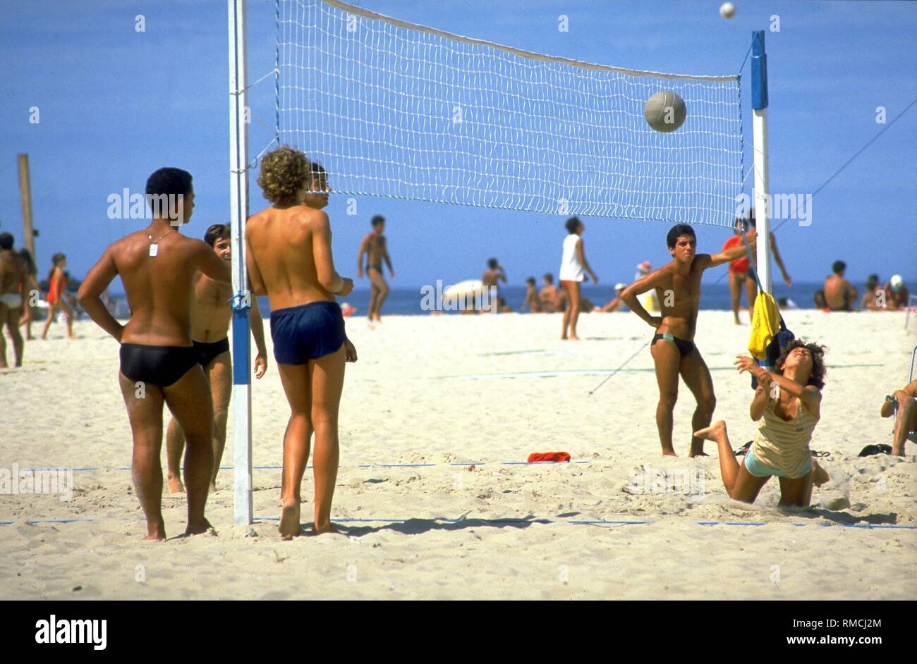Teenage beach volleyball players on the Copacabana in Rio de Janeiro. (undated photo) Stock Photo