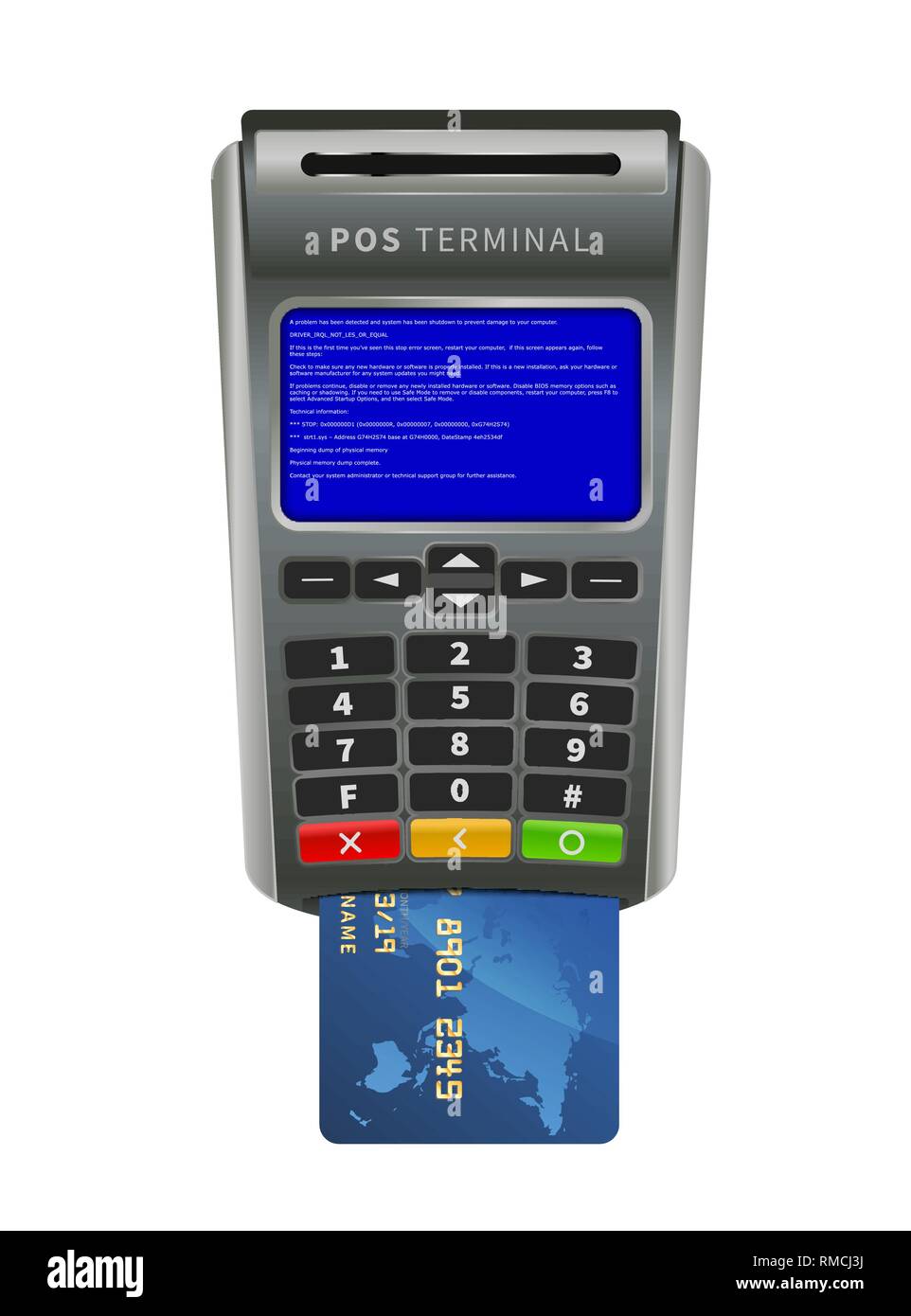Realistic NFC POS terminal for payment with bug BSOD error message