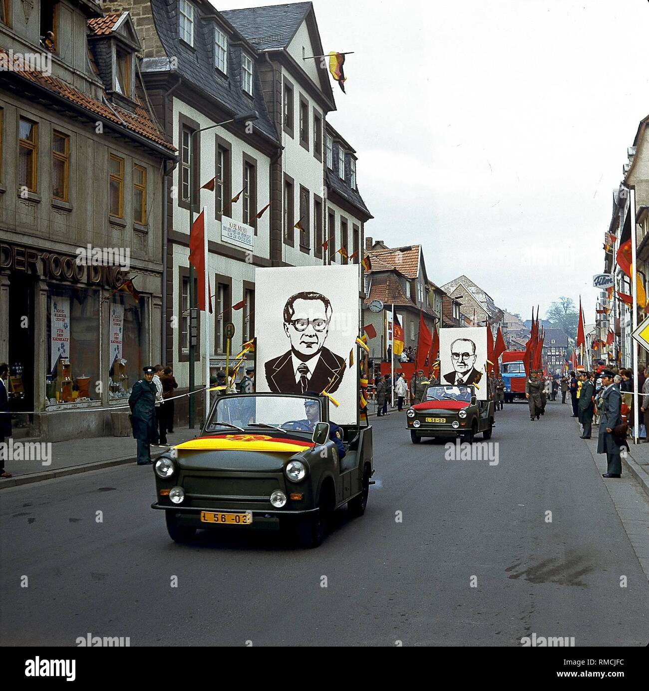 Procession to Heiligenstadt on Eichsfeld on May 1, 1983 with portraits of Erich Honecker. Stock Photo