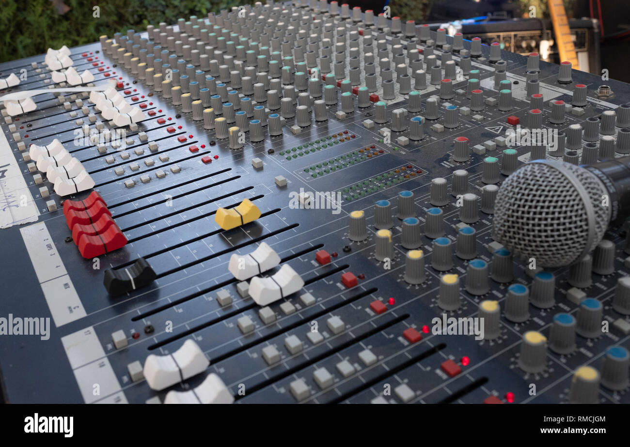 sound mixing table for a concert with microphone Stock Photo