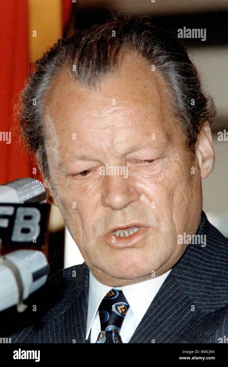 The first public speech of Willy Brandt a few days after his resignation on May 6, 1974 because of the Guillaume affair in front of Berlin SPD members in the Casino am Funkturm. Stock Photo