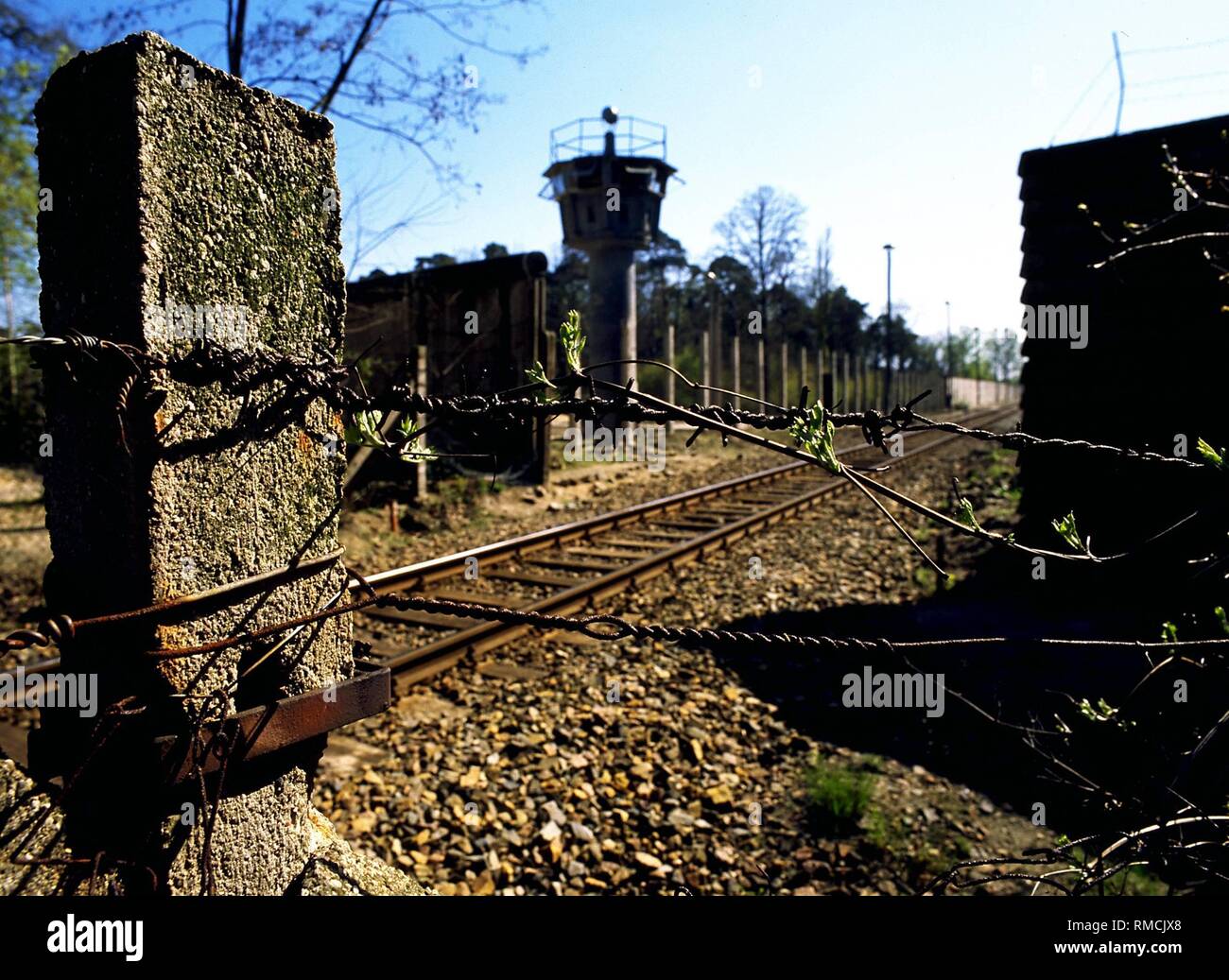 Barrier at the railway border crossing Staaken at the Berlin Wall, photographed from Berlin-West in the years 1984-1987. Stock Photo